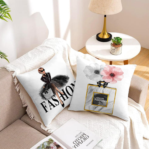 Black White Decorative Pillow Covers 18X18, Set of 2 Pink Fashion Girls Gold Perfume Cute Sofa Couch Covers