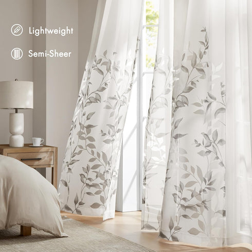 Madison Park Cecily Semi Sheer SINGLE Panel Window Curtain - 50x84", Burnout Botanical Print, Leaves Grey (Pack of 1)