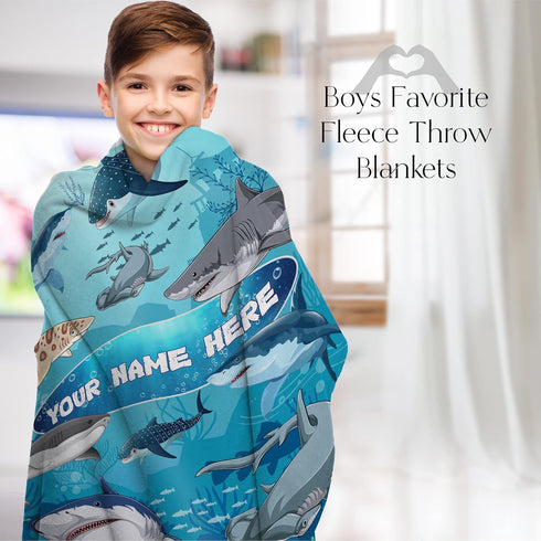 50x60) Personalized Shark Blanket for Kids - Ships Next Day and Made in USA - Soft Fleece Throw Bed, Cute Room Decor