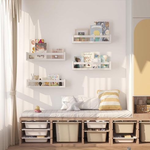 Onlysky Set 4 of Wall-Mounted Kid's Bookshelf - White Floating Nursery Book Shelves - Durable Wood Construction - Ideal