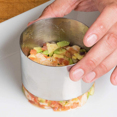 Ateco Round Food Molding Set, 4-Piece Set, 3.5 by 2.1-Inches High, Includes 2 Rings, Fitted Press & Transfer Plate