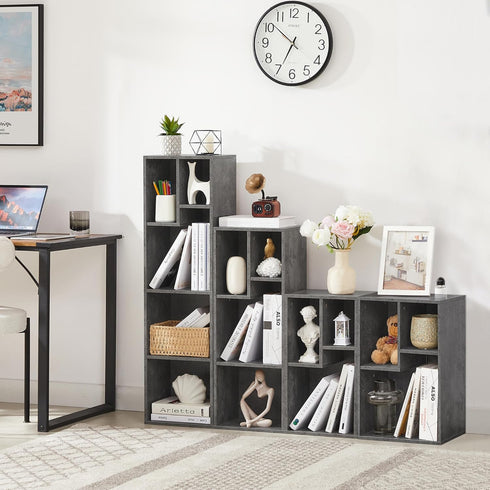 3-Cube 2-Tier VECELO Open Bookcase, Small Bookshelf with Height Difference Shelves for Most Books, Horizontal