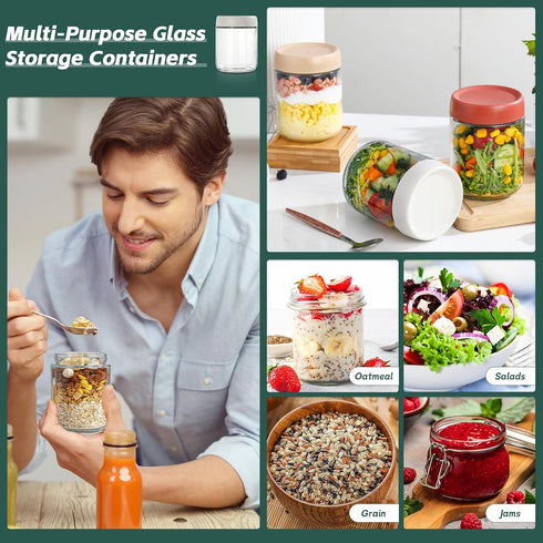 Lids,16oz Set 4, DIMBRAH Overnight Oats Containers with Glass Jars with Lids - Of Practical Oatmeal Container to Go