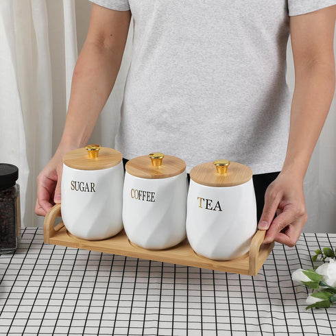 OGANAZI 3 Pack Set Set, Countertop Ceramic Canister with Bamboo Lids and Handle Tray, Coffee Tea Sugar Container White