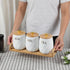 OGANAZI 3 Pack Set Set, Countertop Ceramic Canister with Bamboo Lids and Handle Tray, Coffee Tea Sugar Container White