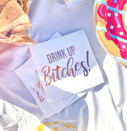 Cocktail Paper Napkins - Fancy Printed Napkins with ''Drink Up B!tches'' in Rose Gold Foil Letters - Beverage Napkins,