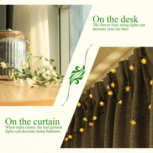 2PACK 15.2FT 50LEDS Vigdur Vine - Fairy String Lights,Tiny Leaf-Garland with White Flower Battery Powered Light