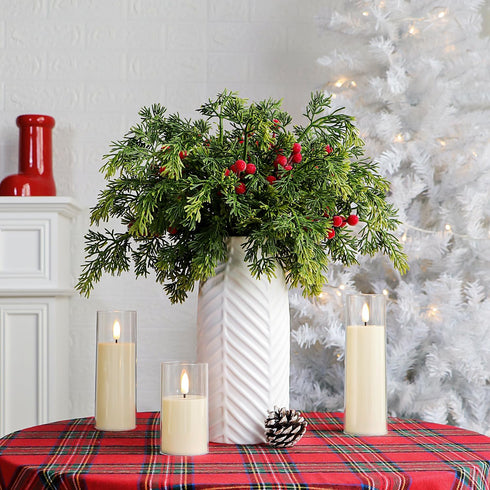 Kunjocy 40PCS Christmas Artificial Pine Branches Frosted Berry Stems Fake Evergreen Norfolk Cypress Sprigs Holly