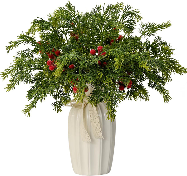 Kunjocy 40PCS Christmas Artificial Pine Branches Frosted Berry Stems Fake Evergreen Norfolk Cypress