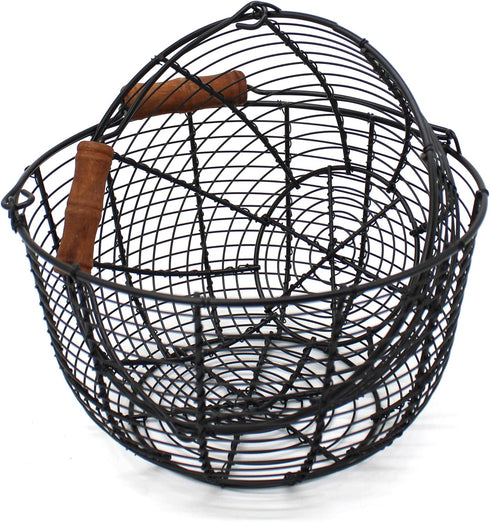 Country Set 2. CVHOMEDECO. Metal Wire Egg Baskets Wire Fruit Baskets with Wooden Handle Vintage Style Storage Baskets.
