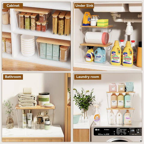 2 Set Criusia Pantry Organizers and Storage with Bamboo Lids, Stackable Clear Bins for Onion, Potato, Fruit