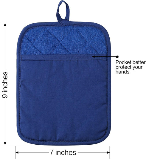 100% Cotton with Silicone Kitchen Pot Holder, Heat Resistant Coaster Potholder Oven Mitts Set of 2 Blue