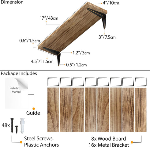 17"x 4.5" Set 8 Wallniture Arras Floating Shelves for Wall, Rustic Bookshelf for Living Room Decor, Home Office