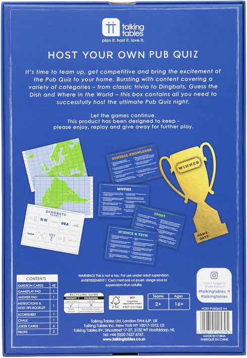 Host-PUBQUIZ-V4 Talking Tables Pub Quiz Game Cards & Score Board Poster Host Your Own Games Night, Competitive After