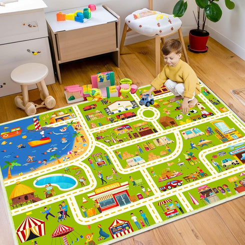 Kids Non-Slip Car Play Rug, Educational Road Traffic Carpet for Bedroom and Boys Playroom, Multi Color Mat