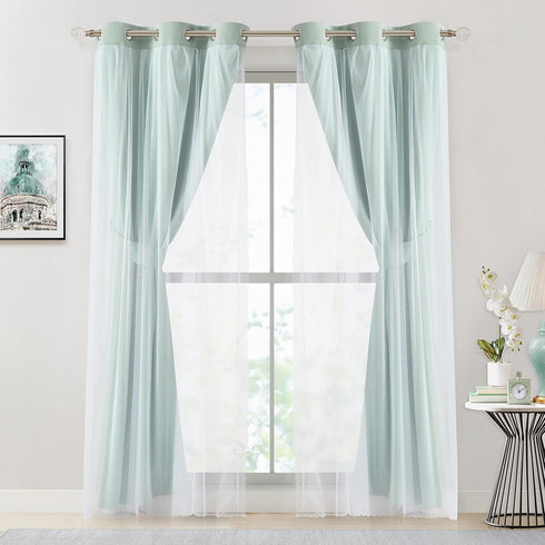 80% 84 inch Grommet 37"Wx84"Lx2 Bujasso Aqua Blackout Curtains with Sheer Overlay Mix and Match Double Layer Thermal