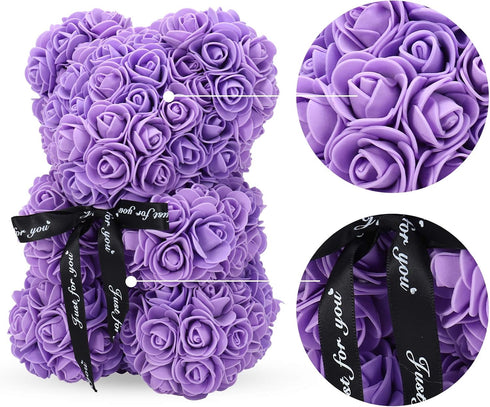 LINKLO Rose Bear, 10 inch Artificial Rose Flower Bear Gift for Wedding, Mothers Day, Anniversary (Purple)