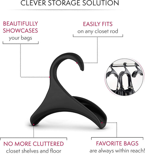 Bag-a-Vie Purse Hanger for Closet, Handbag Organizer Hooks for Hanging Bags & Purses, Black Plastic