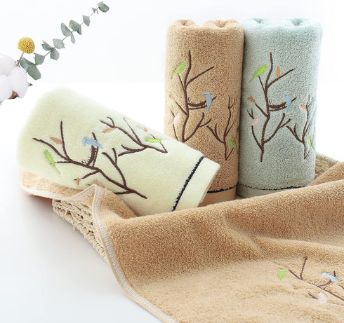 Pidada Set of 2 Hand Towels with Embroidered Bird Tree Pattern 100% Cotton for Bathroom