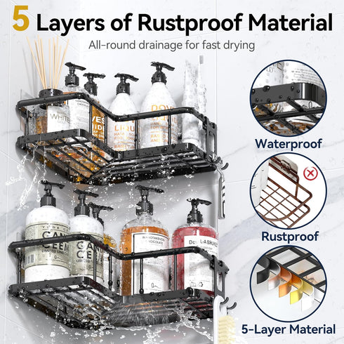 2 Pack, 2 YASONIC Corner Shower Caddy No Drill Adhesive Shower Storage Shelves, Rustproof Stainless Steel Wall Mounted