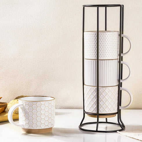 GBhome 12OZ Stackable Coffee Mugs with Stand, Ceramic Coffee Mugs with Texture
