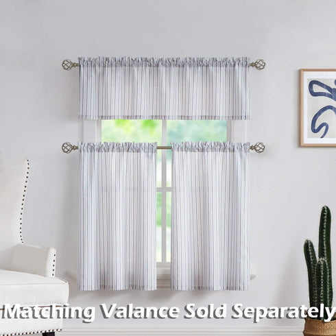 Boho Rustic Striped Sheer Tiers Curtains, 27 Inch x 24 Inch, White/Blue for Living Room, Bedroom, Kitchen, Patio, Villa