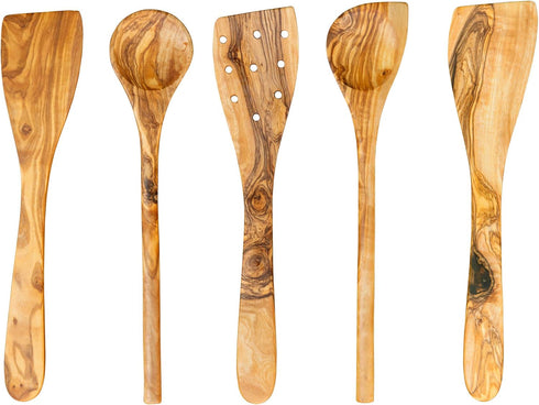 Tramanto Olive Wood Utensil Set | 5 Piece Spatula and Spoon, 12 Inch Luxury Kitchen Set with Gift Box