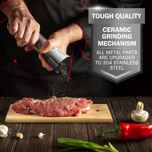 Set 2 Home EC Premium Stainless Steel Sea Salt and Pepper Grinder of - Adjustable Ceramic - Tall Glass Salt and Pepper