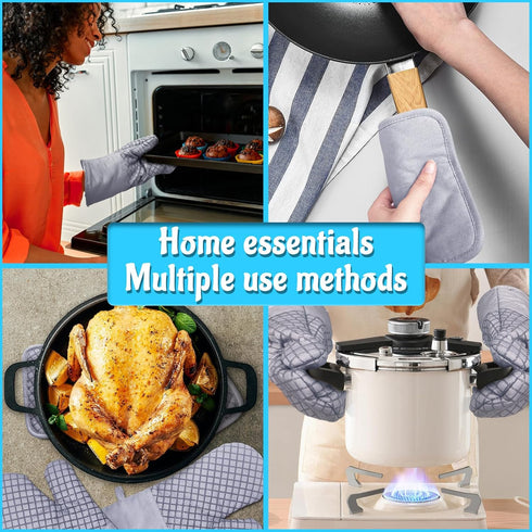 4 Pcs Oven Mitts and Pot Holders, High Heat Resistant 500 F Gloves for Baking, Cooking, Grilling (Light Gray)