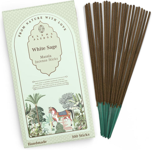 White Sage Masala Incense Sticks: Organic Hand Rolled 100 Sticks with Natural Herbs, 45 to 60 Minutes Burn Time