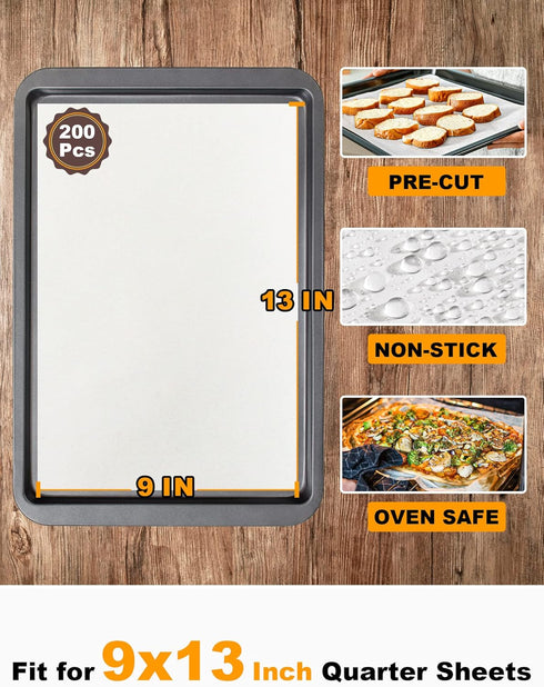 SMARTAKE 200 Pcs Parchment Paper Baking Sheets, 9x13 Inch Non-Stick Precut Baking Parchment