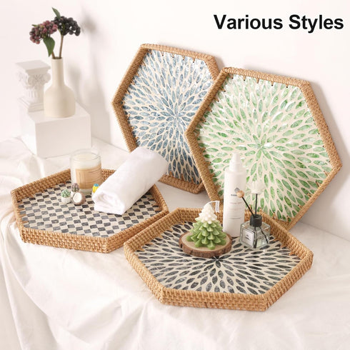 14.5"12.8") Hexagon Rattan Tray with Mother of Pearl Inlay, Rattan Serving Tray for Coffee, Bread, Fruits, Snacks