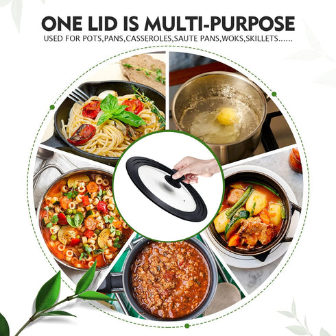 Universal Pot Lid with Heat Resistant Silicone Rim and Tempered Glass, Fits 6.5", 7", 8" Diameter Pans and Skillets