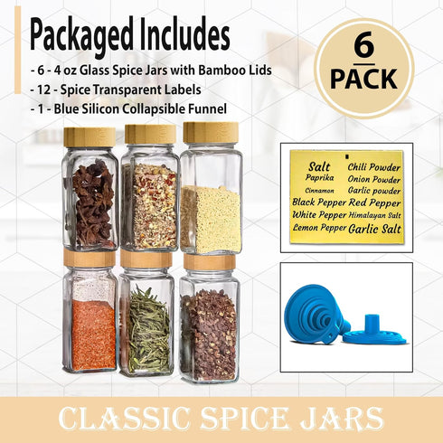 Glass Spice Jars with Bamboo Airtight Lids, 6 Pack, 4 oz Square Bottles with Shaker Lids