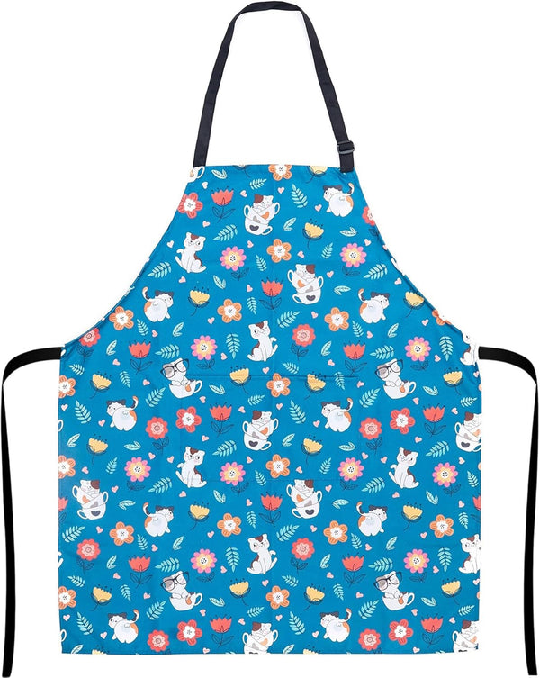 KOPY Cat Apron for Women - Cute Waterproof Apron with Pockets for Kitchen, Cooking, Grooming, Gardening, Colorful Fun
