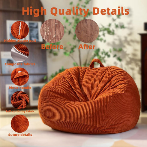 Large Stuffed Animal Storage Bean Bag Chair, 3 ft Giant Heavy Soft Corduroy Cover for Kids, Living Room Sofa