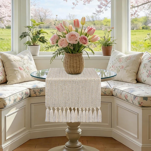 48 Inches yuboo Spring Boho Table Runner Short, Dresser Runner Cover Top, Beige Macrame Coffee Table Runners for Living