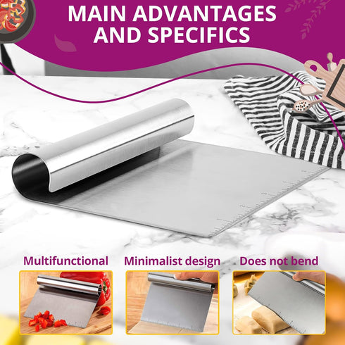 Bench Scraper Kitchen Tool – Multipurpose Pastry Scraper with Measuring Scale, Pizza & Bread Dough Cutter, Stainless