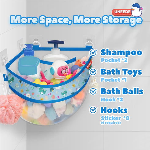4.32 UNEEDE Gallons Dinosaur Print Corner Bath Toy Storage | Blue Mesh Shower Caddy with Quick Drain & Bottom Zipper