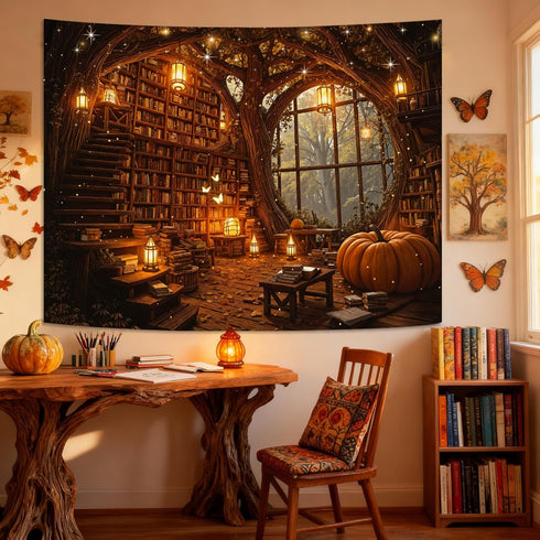 Lunerfex 60"x44" Enchanted Library Tapestry - Treehouse Bookshelf and Magic Lights Wall Hanging - Dark Fantasy Decor