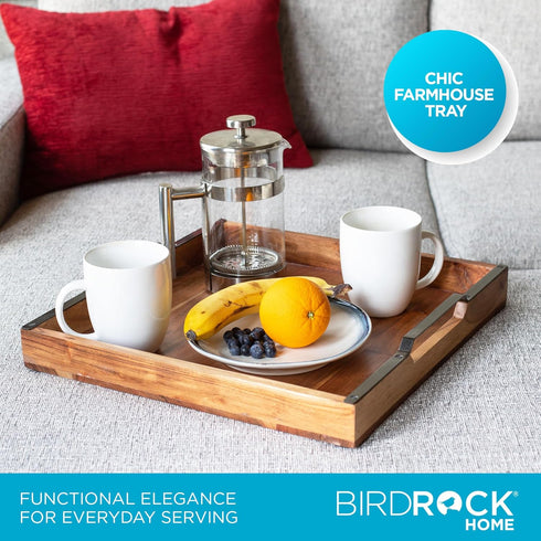 BIRDROCK HOME Wooden Serving Tray with Handles - Farmhouse Decor - Square Top Breakfast Trays - Tea Cheese Board