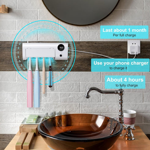StarWin UV Toothbrush Cleaner, Rechargeable Wall-Mounted Tooth Brush Holder with Timer Function, 4 Slots, No Drilling