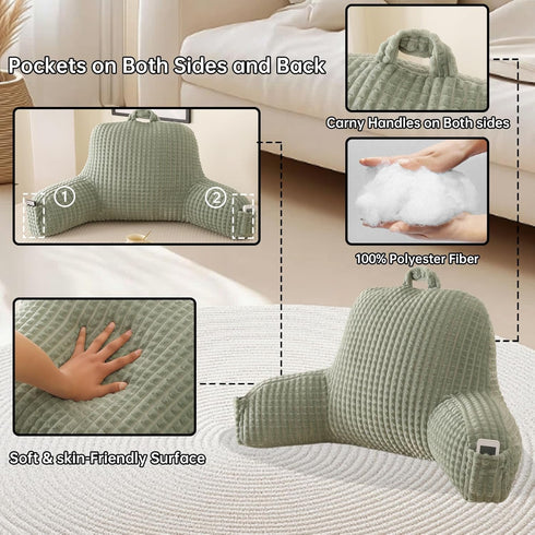 Flannel,Standard(17inch)) Reading Pillow for Bed,Large Backrest Reading Pillow with Arm Rest,Back Rest Support Cushion