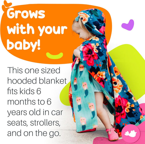 Birdy Boutique Car Seat Poncho for Kids, Reversible Warm Blanket Safe to Use Over Seat Belts, Mermaid Floral