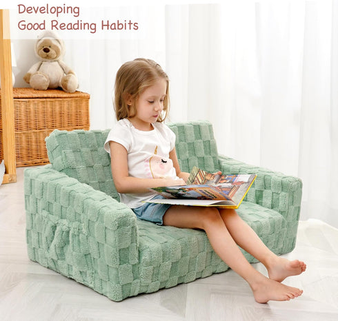 2-in-1 Kid Sofa, Toddler Chair, Flannel Kids Fold Out Couch, Toddler Convertible Sofa to Lounger, Flip Open Couch
