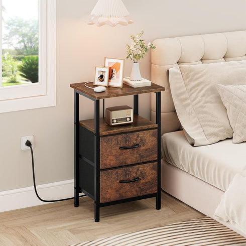 24.2" Vagusicc Nightstand with Charging Station, Small Night Stand with Fabric Drawers for Bedroom, End Table, Bedside