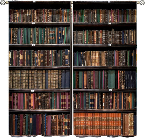 Yearn Jear Bookshelf Curtains, Vintage Library with Books Window Treatments for Kids Bedroom, Wooden