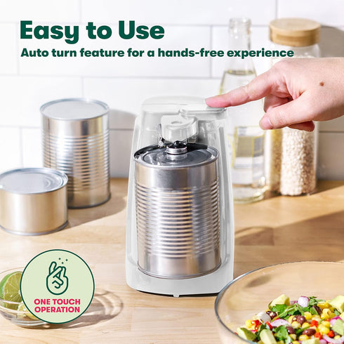 BELLA Electric Can Opener and Knife Sharpener, Multifunctional Jar and Bottle Opener with Removable Cutting Lever and Cord Storage, Stainless Steel Blade, White by BELLA