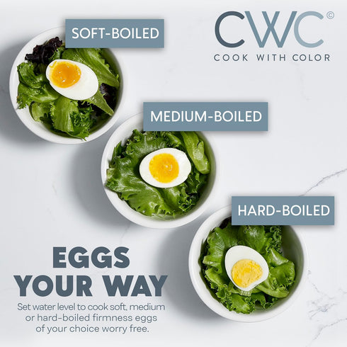 COOK WITH COLOR: 210 Watt Egg Cooker - 6 Egg Capacity with Rapid Cook Time, Auto Shut Off, and Measuring Cup.