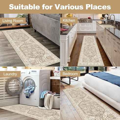 Washable Runner Rug, 2x6 Non-Slip Boho Vintage Hallway Rug - Stain Resistant Faux Wool Carpet Runner